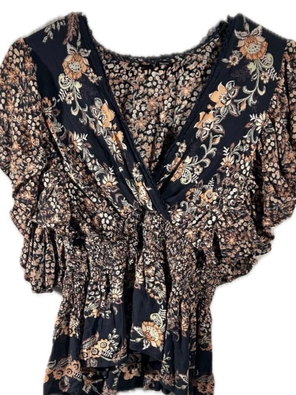 Angie Flutter Sleeve Blouse Top Small Smocked Waist Crossover Neck Navy Floral